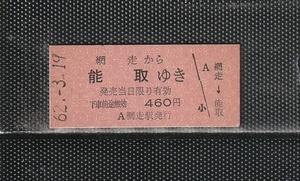 国鉄札幌印刷 網走から能取ゆき 赤地紋 硬券乗車券 未使用券 廃止最終日