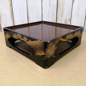 *24050802. serving tray wooden lacquer ware pine. . pattern multi-tiered food box . four person pcs era size approximately 29cm×29cm×H9.5cm. tea utensils height legs serving tray old .. old .