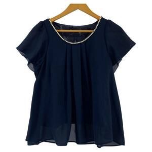 yu. packet OK ef-de ef-de pearl design tuck blouse size9/ navy blue lady's 