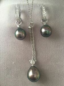 黒真珠+ダイヤモンド　ペンダント&イヤリング