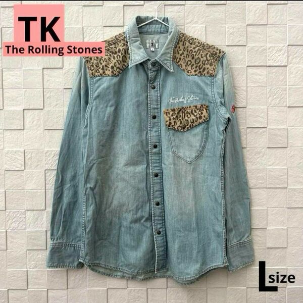 TK× The Rolling Stonesタケオキクチ　デニムシャツ　ヒョウ柄 長袖ベロ・マーク　ローリングストーンズ