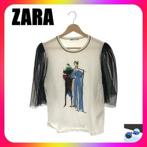 ZARA ザラ トップス Tシャツ カットソー イラストデザイン 七分丈 袖バイカラー 袖フリル レディース ホワイト ブラック