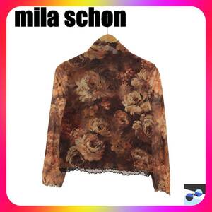 mila schon ミラショーン トップス ブラウス 薄手 お洒落 フリル付き 長袖 レディース 総柄 ブラウン 42 日本製