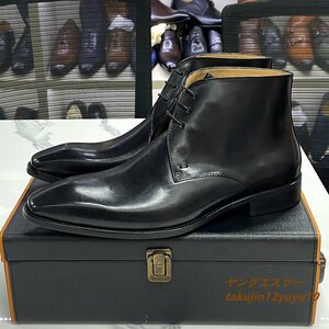 11万◆美品 メンズブーツ 本革 ショートブーツ イタリア製 レザーブーツ 職人手作り 紳士靴 マーティンブーツ高級牛革 革靴ブラック 25.0cm