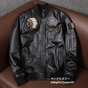 25万*本革 スタジアムジャンパー 牛革 ライダース 野球服 フライトジャケット イタリアンレザージャケット 刺繍 バイクウェア ブルゾン L