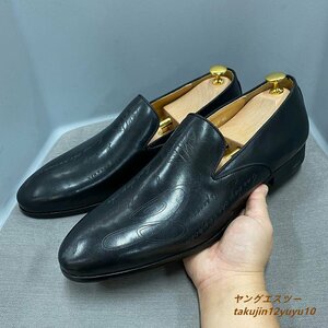  супер редкий * высший класс бизнес обувь натуральная кожа обувь Loafer работник рука краска отделка резьба по дереву джентльмен обувь формальный телячья кожа кожа обувь черный 27.5cm