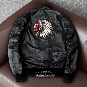 新品*25万 ライダースジャケット 革ジャン 本革ma-1フライトジャケット 最高級 イタリアンレザー バイクウェア 豪華刺繍 ブルゾン M