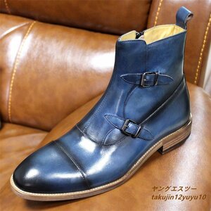  regular price 10 ten thousand short boots top class engineer boots Martin boots cow leather business shoes worker handmade original leather boots blue 24.5cm
