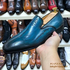  супер редкий * высший класс бизнес обувь натуральная кожа обувь Loafer работник рука краска отделка резьба по дереву джентльмен обувь формальный телячья кожа кожа обувь голубой 28.5cm