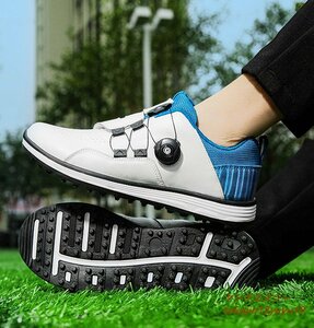 ..* golf shoes high quality dial type men's sport shoes wide width sport shoes gentleman sneakers Fit feeling . slide enduring . water-repellent white / blue 25.0cm