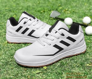 新品セール◆ゴルフシューズ Golf shoes メンズ スニーカー 運動靴スポーツシューズ 紳士 グラデーション幅広 防滑 撥水 耐磨 白/黒 26.5cm