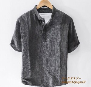 半袖シャツ ヘンリーネック 麻100% リネンシャツ 新品 メンズ ストライプ柄 Tシャツ 切替 夏 サマー 心地良し 二色 ブラック系 3XL