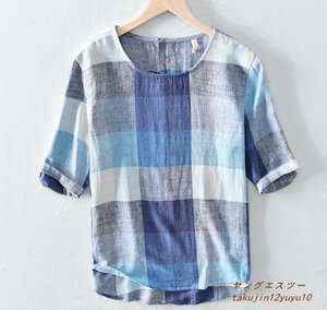 新品 メンズシャツ 半袖シャツ リネンシャツ Tシャツ 丸首 チェック柄 夏 summer 綿麻シャツ サマー 心地良し カジュアル ブルー系 M