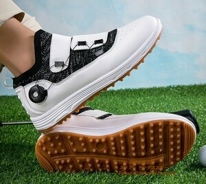高級品 ゴルフシューズ 強いグリップ 新品ダイヤル式 運動靴 フィット感 軽量スポーツシューズ 弾力性 通気性 防滑 ホワイト 28.5cm