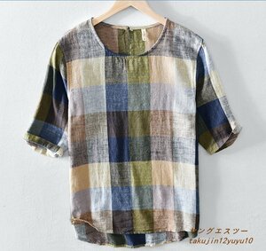 半袖シャツ Tシャツ メンズ リネンシャツ 丸首 チェック柄 夏summer 綿麻シャツ サマー 心地良し カジュアル 選択可 グリーン系 L