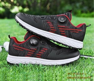 高級品 メンズ ゴルフシューズ 新品 ダイヤル式 運動靴 4E 幅広い Golf shoes スポーツシューズ フィット感 軽量 防滑 弾力性 黒 25.5cm