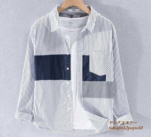 春夏新品 メンズシャツ 長袖シャツ ワイシャツ ストライプ柄 Tシャツ 紳士 レギュラーシャツ 個性 切替 スリム 選択可 白系 M