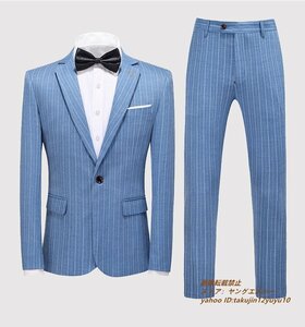 新品 スリーピース メンズ ビジネススーツ ストライブ柄 セットアップ 3点セット 細身 スリム 結婚式 紳士服フォーマル 入学式 ブルー XL