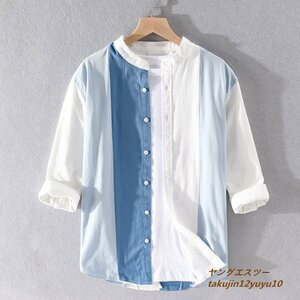 夏新品 メンズシャツ 半袖シャツ 七分袖シャツ ストライプ柄 Tシャツ 切替 ワイシャツ 夏秋 心地良し コットン 配色 カジュアル 細身 S