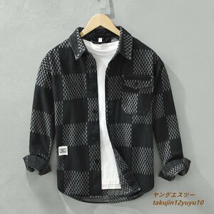 極美品*デニムシャツ メンズ 長袖シャツ 新品 チェック柄シャツ 超希少 ヴィンテージ デニムジャケット 心地良し カジュアル ブラック 2XL