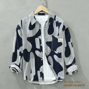 秋新品 メンズシャツ 長袖シャツ 新品 アロハシャツ ワイシャツ メンズ 総柄シャツ シワ感 ヴィンテージ 清涼カジュアル 心地良し 紺系 S