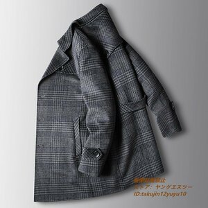 超美品*ウールコート メンズコート チェック柄 ロングコート 紳士服 ビジネスコート カシミヤ アウター チェスターコート グレー② 3XL