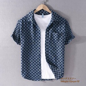 新入荷 メンズシャツ 半袖シャツ 新品 デニムシャツ チェック柄 正規品 ヴィンテージ 超希少 極美品 カジュアル 心地良し ダークブルー XL