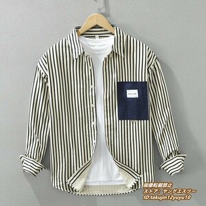 春夏新品 メンズシャツ 長袖シャツ ストライプ柄 ヴィンテージ 超美品 切替シャツ 心地良し カジュアル 紳士服 トップス ネイビー系 2XL