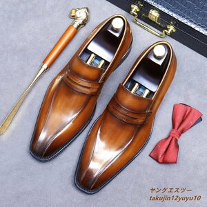 定価9万◆ ビジネスシューズ 新品 レザーシューズ メンズ 最高級牛革 ヴィンテージ 職人手塗仕上げ 上質 フォーマ 紳士靴 ブラウン 27.5cm