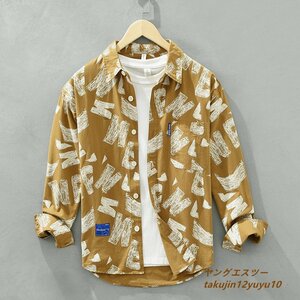 秋新品 メンズシャツ 長袖シャツ 新品 アロハシャツ ワイシャツ 総柄 シャツ ヴィンテージ カジュアル 柔らか 心地良し イエロー 2XL