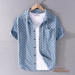 新入荷 メンズシャツ 半袖シャツ 新品 デニムシャツ チェック柄 正規品 ヴィンテージ 超希少 極美品 カジュアル 心地良し ライトブルー XL