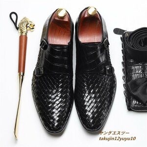 メンズシューズ 牛革 ビジネスシューズ 編み込み レザーシューズ 職人手作り 紳士靴 ノースリップ 本革 トップレイヤー 二色 黒 25.0cm