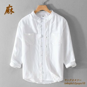 極美品★リネンシャツ 七分袖シャツ 立ち襟 Ｔシャツ 半袖シャツ 夏新品 綿麻 メンズシャツ ヴィンテージ 薄手ワイシャツ 心地良し 白 2XL