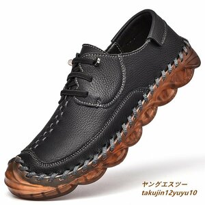 新品特売★ウォーキングシューズ メンズ 本革 レザーシューズ 紳士靴 スニーカー 牛革 ローファー 登山靴 アウトドア 通気 ブラック 24.5cm