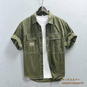 夏新品*メンズシャツ 極美品 ワークシャツ 半袖シャツ ミリタリーシャツ超希少 カジュアル 正規品 父の日ギフト 心地良し 三色 オリーブ L