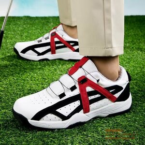  высший класс туфли для гольфа новый товар мужской dial тип спортивная обувь телячья кожа спорт обувь широкий . Fit чувство легкий водонепроницаемый . скользить выдерживающий . эластичность . белый / красный 24.0cm