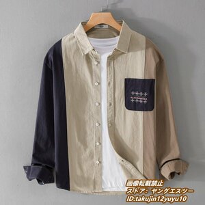 春新品 メンズシャツ 長袖シャツ 超希少 ワークシャツ 切替 ヴィンテージ 配色 トップス 心地良し 紳士 アウター カジュアル カーキ 3XL