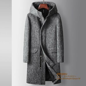 定価16万 メンズコート ロングコート 紳士 ウールコート 防寒 フード付き ビジネスコート 厚手 チェスターコート 無地 アウター グレー XL
