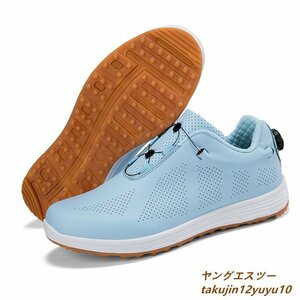 高級品◆GOLF靴 ゴルフシューズ 男女スニーカー メンズ運動靴 快適 防水スポーツシューズ 耐久性 4E幅広 カジュアル耐摩耗 ブルー 24.5cm