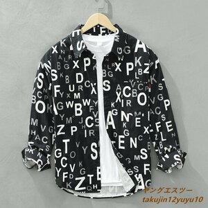 メンズシャツ 長袖シャツ 秋新品 ワイシャツ アロハシャツ 極美品 プリントシャツ ヴィンテージ 英文字 カジュアル 心地良し 二色 黒系 2XL