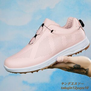 高級品◆GOLF靴 ゴルフシューズ 男女 スニーカー メンズ 運動靴 快適 防水スポーツシューズ 耐久性 4E幅広 カジュアル耐摩耗 ピンク 25.0cm