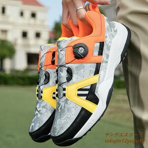 高級品 新品 ゴルフシューズ 運動靴 フィット感スポーツシューズ ソフトスパイク 強いグリップ 軽量 弾力性 通気性 防水防滑オレンジ26.5cm