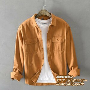 春新品特売☆メンズシャツ 長袖シャツ 無地シャツ ワークシャツ ミリタリー ジャケット 胸ポケット カジュアル 選択可 キャメル L