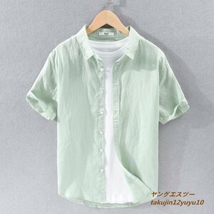 半袖シャツ 新品 メンズ ワイシャツ リネンシャツ 亜麻100% 夏 サマー 清涼感 心地良し 麻シャツ 無地 カジュアル 六色選択 グリーン 2XL