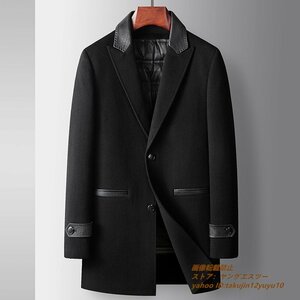 16万 最上級*ビジネスコート グースダウンジャケット 新品 メンズ ロングコート 高級ウール セレブ*WOOL厚手 羊革 紳士スーツ ブラック 2XL