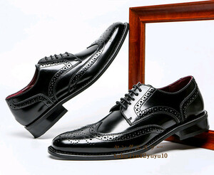 高級品 レザーシューズ 本革 ビジネスシューズ新品 メンズシューズ皮靴ウイングチップ フォーマル 職人手作り 彫り 紳士靴 黒 28.0cm