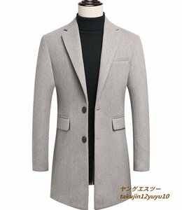 超美品■コート メンズ ロングコート 厚手 ウール テーラードジャケット 薄い綿入り 高級 セレブ*WOOL カシミヤ混 紳士スーツ ベージュ M