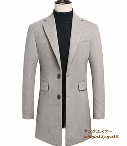 超美品■コート メンズ ロングコート 厚手 ウール テーラードジャケット 薄い綿入り 高級 セレブ*WOOL カシミヤ混 紳士スーツ ベージュ 4XL