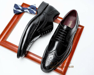 高級品 レザーシューズ 本革 ビジネスシューズ新品 メンズシューズ皮靴ウイングチップ フォーマル 職人手作り 彫り 紳士靴 黒 25.5cm