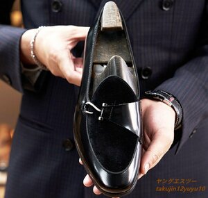 最高級＊定価7万 ビジネスシューズ 本革 レザーシューズ 職人手作り モンクストラップ 紳士靴 スエード牛革 ドレス革靴 結婚式 黒 25.5cm